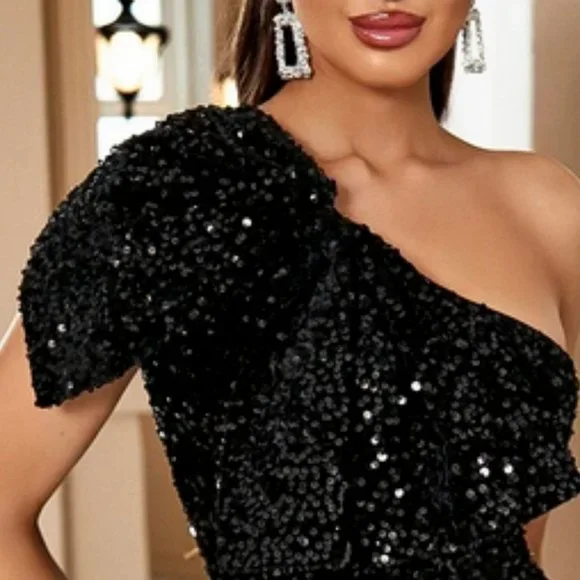 Sequin Ruffle Trim One Shoulder Thigh slit Formal Maxi Dress Black - Picture 6 of 9